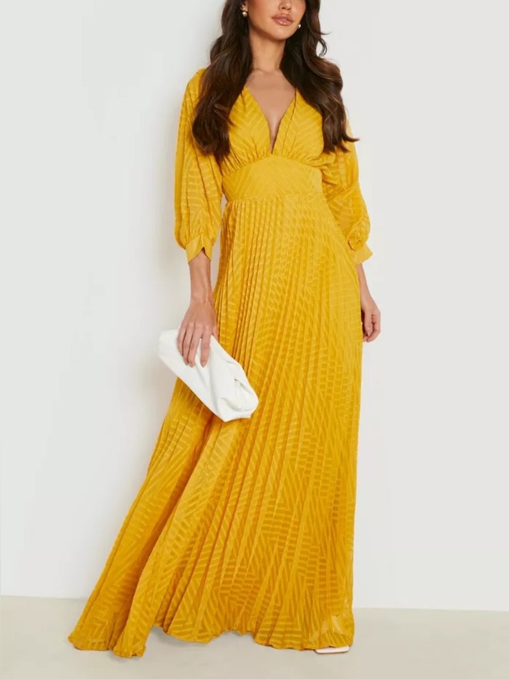 NWT BOOHOO Dobby Mesh Pleated Balloon Sleeve Maxi Dress Mustard Yellow US 8